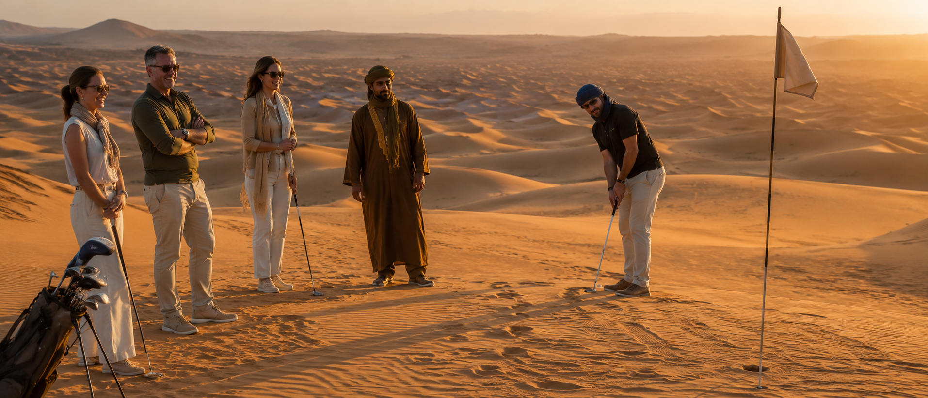 Groupe de joueurs et guide berbère sur un green sculpté dans les dunes de Merzouga à l'heure dorée