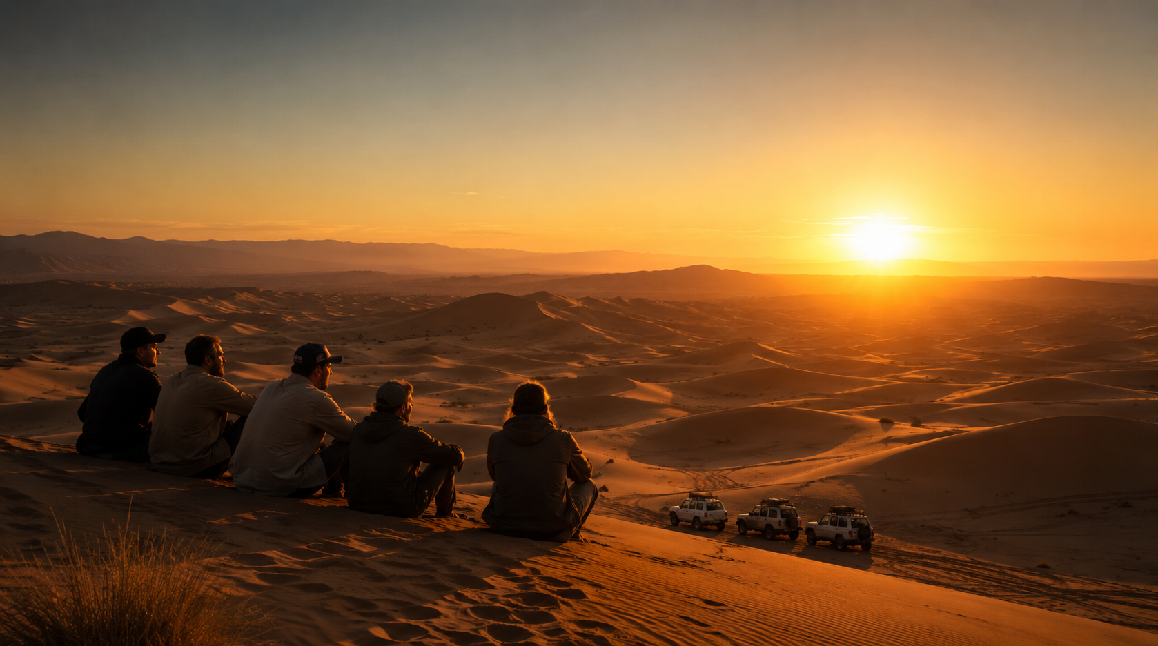 Pilotes contemplant le coucher de soleil sur les dunes de Merzouga